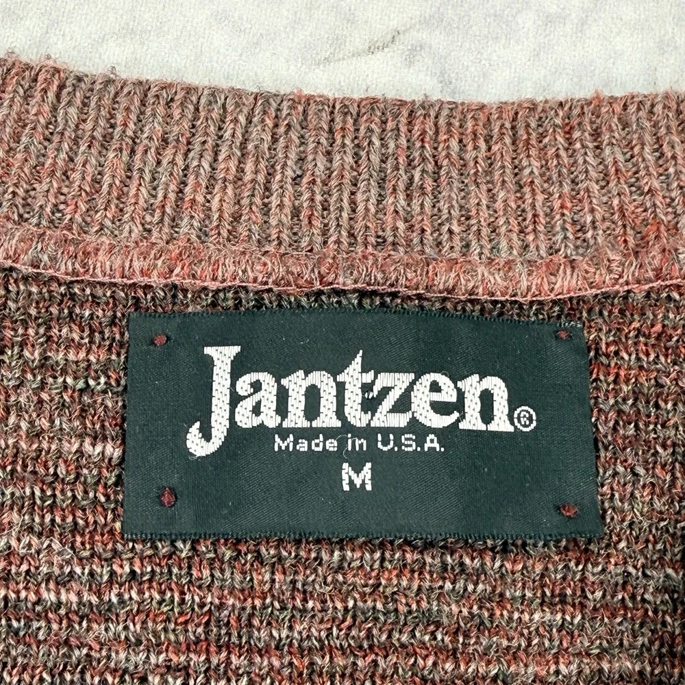Vintage 80s Jantzen Wool‎ Blend Sweater Men's M Red V Neck Geometric USA Dad
